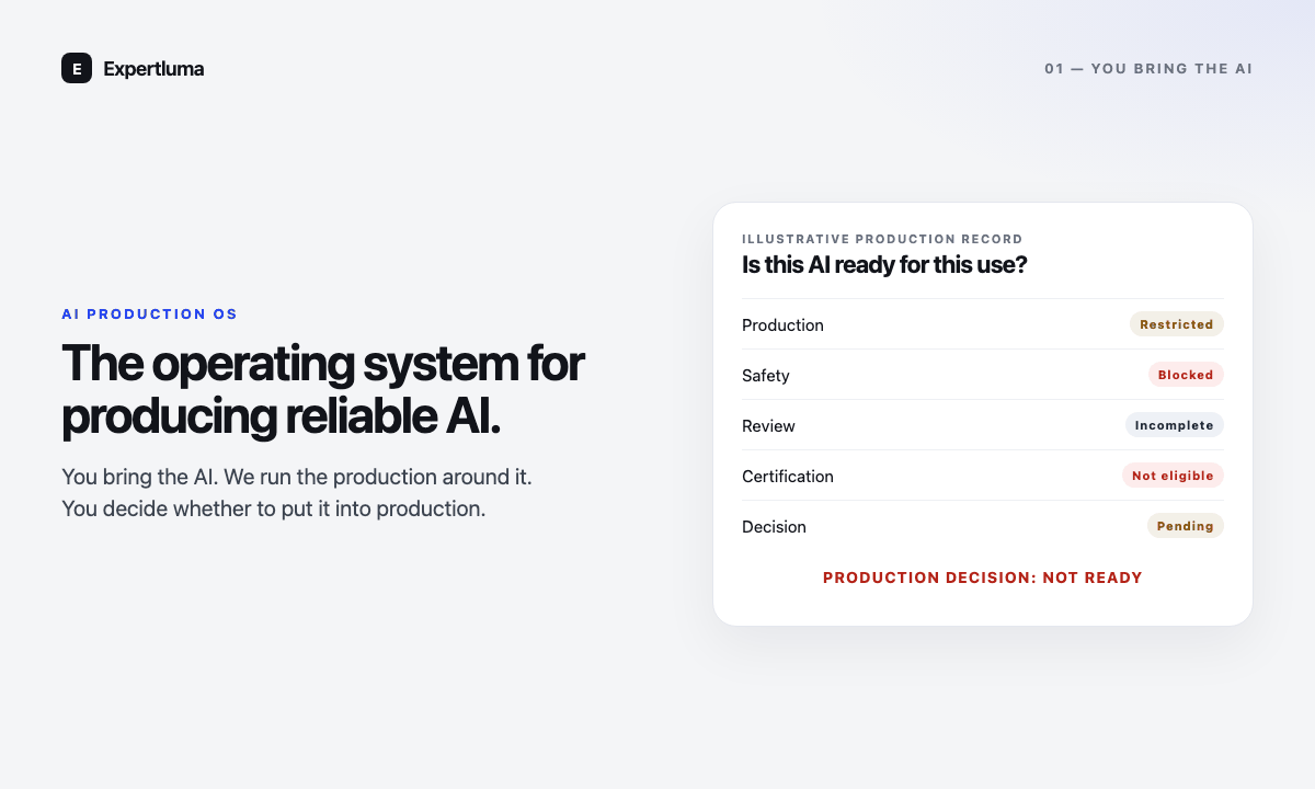 Expertluma walkthrough: bring an AI, receive released training inputs, see what the AI demonstrated, and read a defined-use decision.